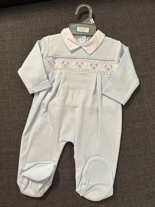 Blue teddy cross stitch romper