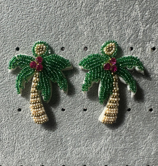 Beaded green palm tree earrings