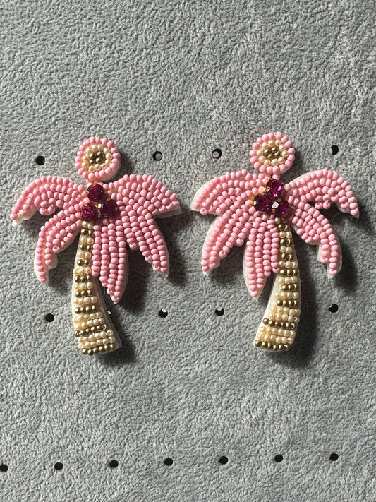 Beaded pink palm tree earrings